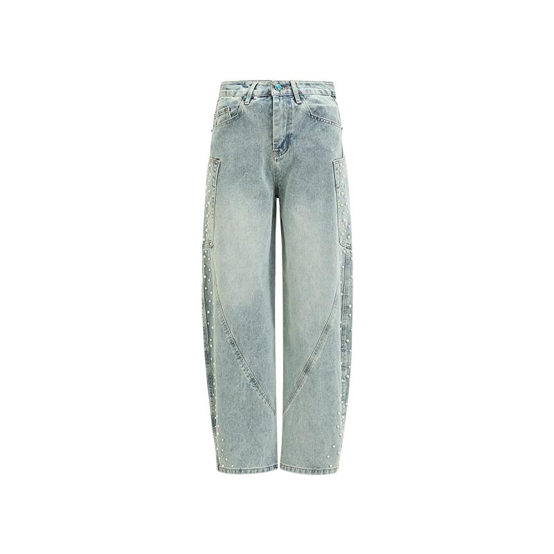 it :5cm/FIVECM美式钉珠阔腿牛仔裤男女2025秋高腰宽松弯刀裤长裤