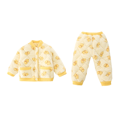 男童法兰绒三层夹棉睡衣冬季儿童加厚保暖家居服套装宝宝男孩冬装