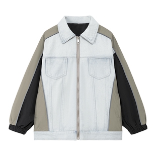 左西童装男童牛仔外套儿童连帽夹克2026新款男孩假两件上衣春秋款