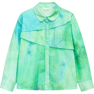 播broadcute童装衬衫2024春季新款扎染印花娃娃领女上衣KER1C7551