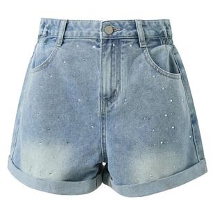 ibudu2025夏季新款烫钻翻边牛仔短裤时髦热裤宽松直筒裤女
