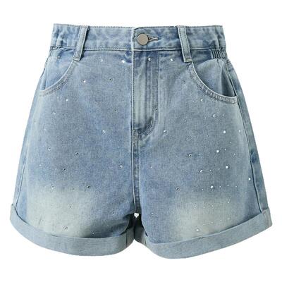 ibudu2025夏季新款烫钻翻边牛仔短裤时髦热裤宽松直筒裤女