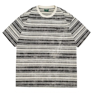 GOGOSOON夏季新款条纹短袖T恤230g男生圆领复古宽松潮牌情侣上衣Q
