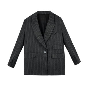 CROWNLESS未冕复古老钱风条纹显瘦重磅烫钻多袋戗驳领廓形西装女