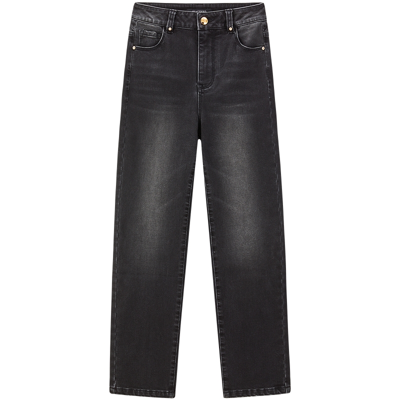 太平鸟高腰九分烟管牛仔裤秋冬款温暖丹宁小直筒法棍牛仔裤*