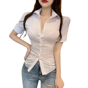 大码辣妹收腰白色长袖衬衫女性感纯欲制服衬衣足浴技师工作服胖mm