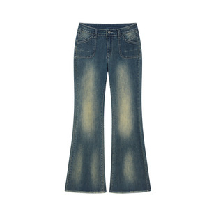 CountryMoment 巨显腿长 做旧复古低腰牛仔裤女毛边裤脚微喇叭裤