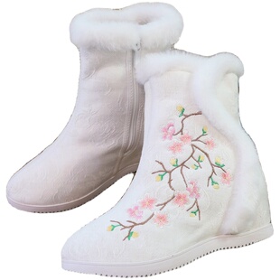 民族风绣花鞋女冬季高帮棉靴中跟刺绣加绒保暖汉服鞋中筒冬旗袍鞋
