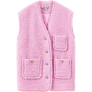 URLAZH有兰新款复古圈圈毛气质粉色毛边马甲背心女LM4VE01