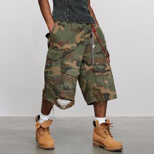 P 49071 Distressed Camo Cargo Shorts 破洞迷彩工装短裤