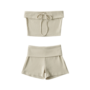 YoungGirlDay纯欲辣妹性感短款抹胸背心低腰双层翻腰休闲短裤套装