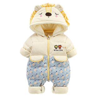 婴儿羽绒连体衣宝宝连帽爬服卡通婴幼儿抱衣冬装加绒男宝外出抱衣