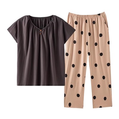 女士纯棉短袖睡衣套装自带胸垫