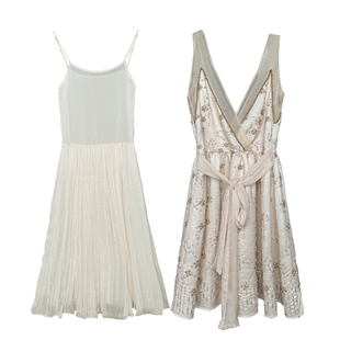 20S高定盖茨比奢靡年代vintage真丝钉珠欧根纱绑带低腰米色连衣裙