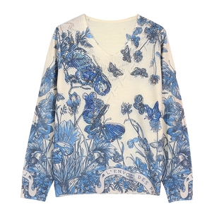 秋季新款古嘉子打底衫长袖印花烫钻针织衫天丝羊毛衫薄上衣女9706