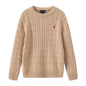 POLOWALK童装男女童绞花针织衫2025秋冬新款圆领纯棉保暖套头毛衣