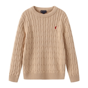 POLOWALK童装男女童绞花针织衫2025秋冬新款圆领纯棉保暖套头毛衣