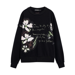 Desigual黑色花卉贴布绣装饰设计圆领女士卫衣