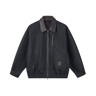 CLOTTEE by CLOT秋季皮领拼接牛仔夹克男款翻领撞色宽松拉链外套W