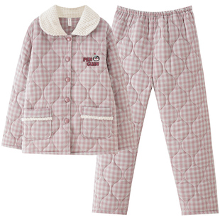 睡衣女款冬季加厚加棉纯棉三层夹棉袄保暖大码休闲加绒家居服套装