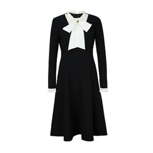 珂莱商场同款2025秋冬季新款拼接飘带领中长款羊毛呢连衣裙子女装