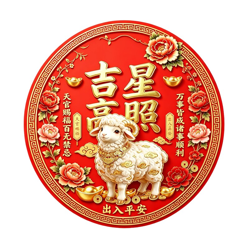 圆形吉星高照墙贴富贵小羊牡丹元宝国风出入平安新年防水装饰贴纸