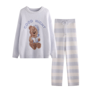 侘町秋冬2025新款保暖半边绒睡衣女款睡帽晚安小熊卡通套装可外穿