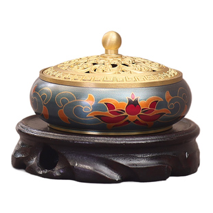 莲花纯铜香炉高级家用檀香熏香室内珐琅彩盘香架茶室黄铜香薰炉