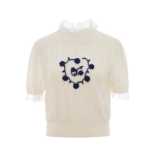 COCOON商场同款法式茶歇蕾丝荷叶边刺绣短袖针织衫春款