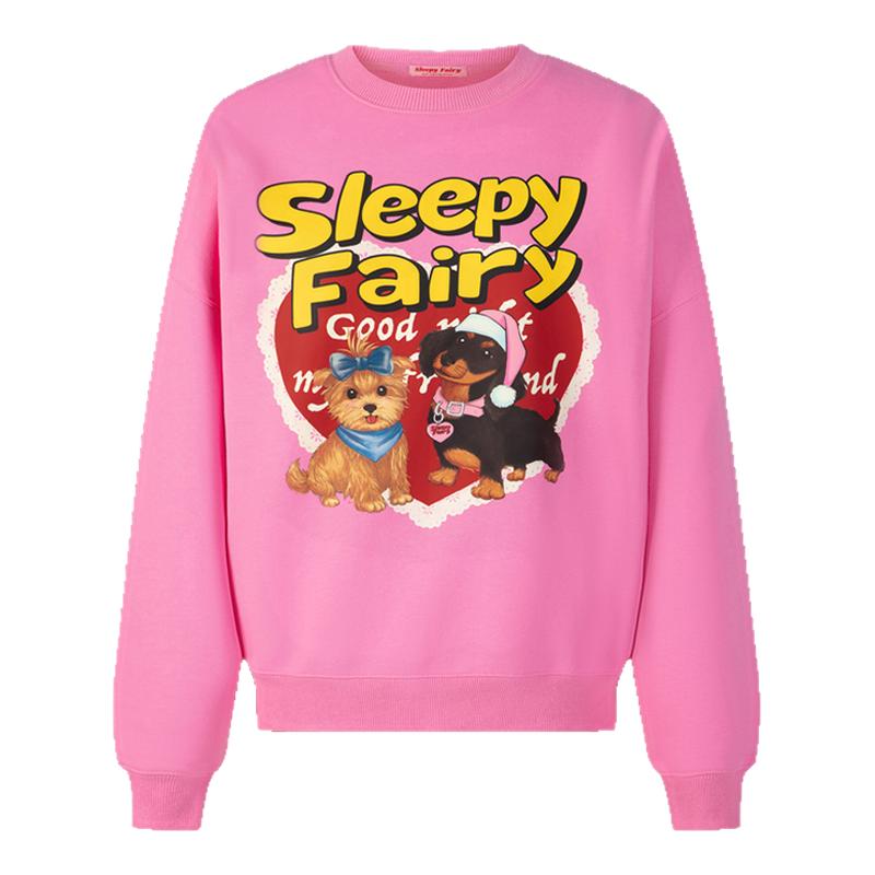 SleepyFairy秋冬美式复古爱心手绘狗狗纯棉粉色宽松套头卫衣保暖