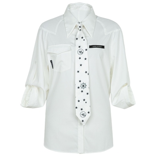 XG雪歌白色通勤风翻领衬衫时尚秋季新款领带搭配个性七分袖上衣女