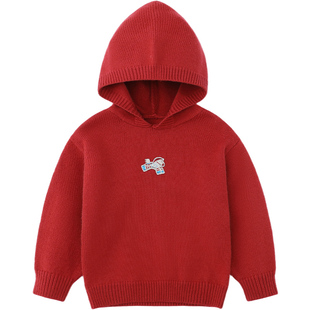 [骏马福裳绵羊毛]齐齐熊宝宝毛衣红色冬款男童连帽打底衫新年儿童