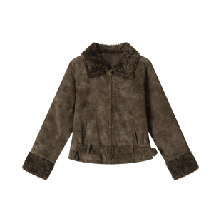AIRHOOD 五折复古风翻领羊羔绒棉服女加厚保暖修身短款外套冬