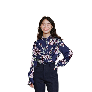 tanni秋冬新品木耳边小立领衬衫上衣复古优雅衬衫TL31SH123B