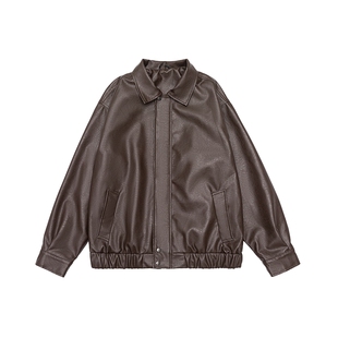男士棕色皮衣外套男春季宽松美式2026新款美拉德男装机车翻领夹克