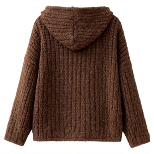 美拉德慵懒风棕色毛衣女连帽2025新款针织开衫加厚外套