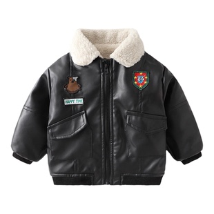 男童飞行员皮衣夹克秋冬装加绒机车外套婴幼儿童宝宝帅气酷衣服潮