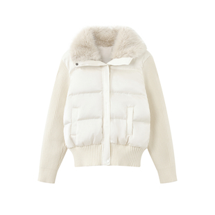 荒荒家毛领拼接针织羽绒服2025冬季新款保暖显瘦杏色白鸭绒外套女