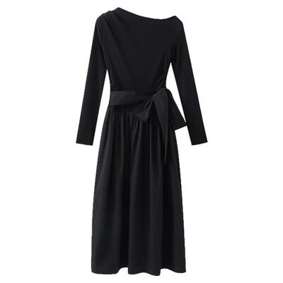 夕蒙2026新款春季韩系气质小众裙子独特斜肩巨好看绝美黑色连衣裙