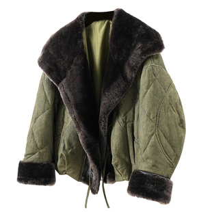 欧洲站2025冬新款欧货皮毛一体打格大翻领白鹅绒保暖皮草羽绒服女