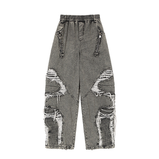 CLP黑黄撕裂破洞做旧复古牛仔裤男宽松阔腿弯刀裤机能废土风Y2K