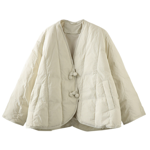 汉元素羽绒服女新国标90白鸭绒樱桃布扣气质V领宽松显瘦洋气外套