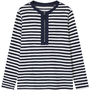 德玛纳慵懒宽松撞色条纹T恤女26春季新款圆领半拉链舒适休闲上衣