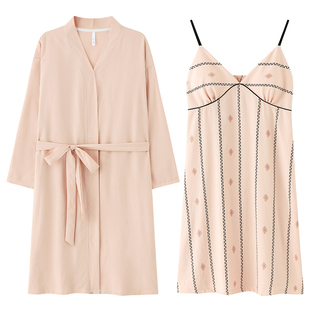 慕诗梦云朵棉睡裙女带胸垫夏季吊带两件套性感开衫长袖睡袍家居服