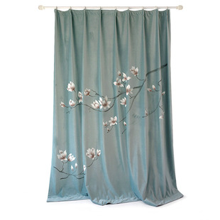 真手绘新中式现代清新花卉遮光丝绒高端别墅成品窗帘可定制白玉兰