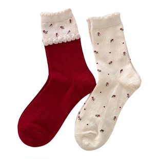 法式玫瑰碎花红色袜子桑蚕丝羊毛蝴蝶结少女温暖本命年新年中筒袜
