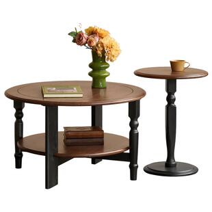 源氏木语实木茶几美式复古茶台黑胡桃木边几客厅家用拼色组合圆几