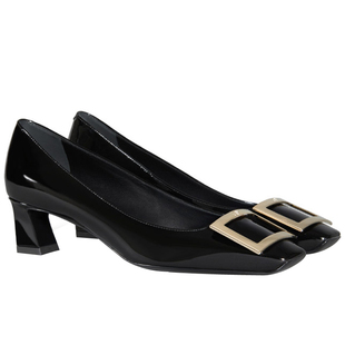 RV粗跟方扣单鞋女2025新款秋季浅口方头高跟鞋大码大象灰小跟真皮