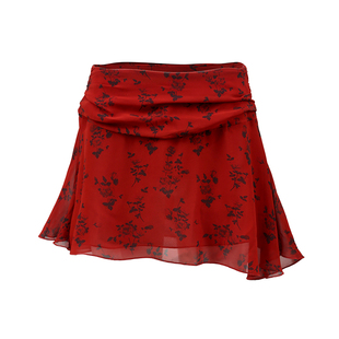 Lily Rose野玫瑰 红色复古印花半身裙女高腰显瘦A字短裙百搭裙子