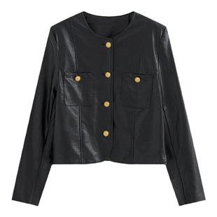 AZure法式复古修身皮衣小香风黑金夹克通勤PU皮外套短款薄机车服
